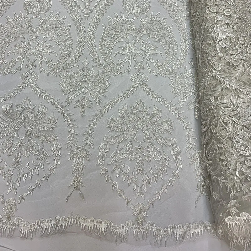 Elegant Embroidered French Lace Beaded Mesh Lace Fabric