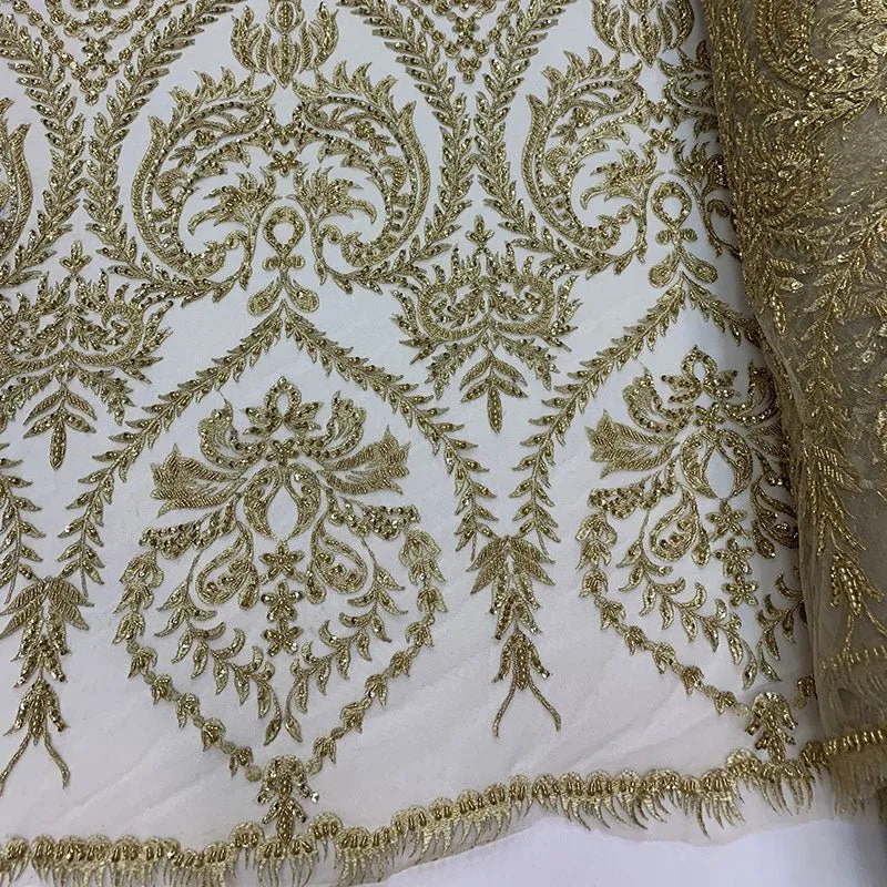 Elegant Embroidered French Lace Beaded Mesh Lace Fabric