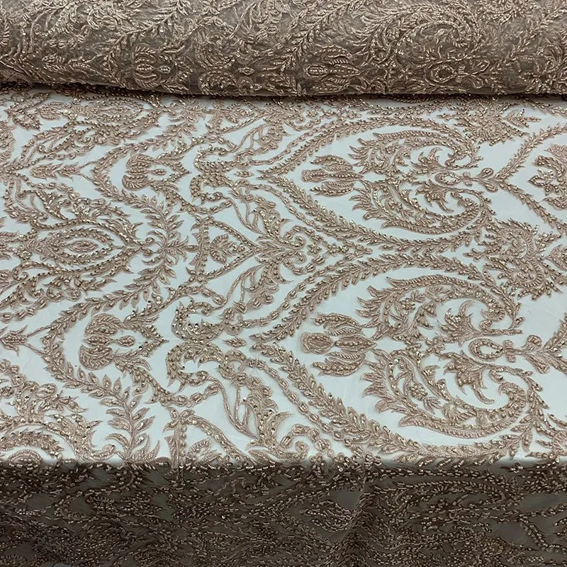Elegant Embroidered French Lace Beaded Mesh Lace Fabric