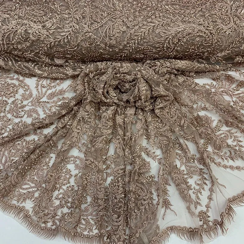 Elegant Embroidered French Lace Beaded Mesh Lace Fabric