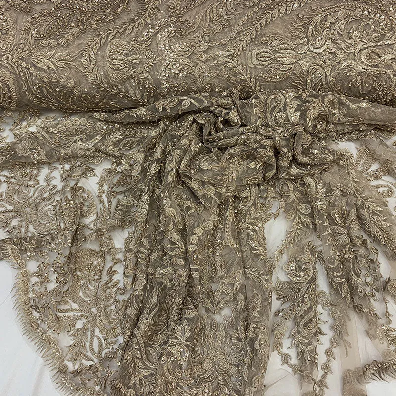 Elegant Embroidered French Lace Beaded Mesh Lace Fabric