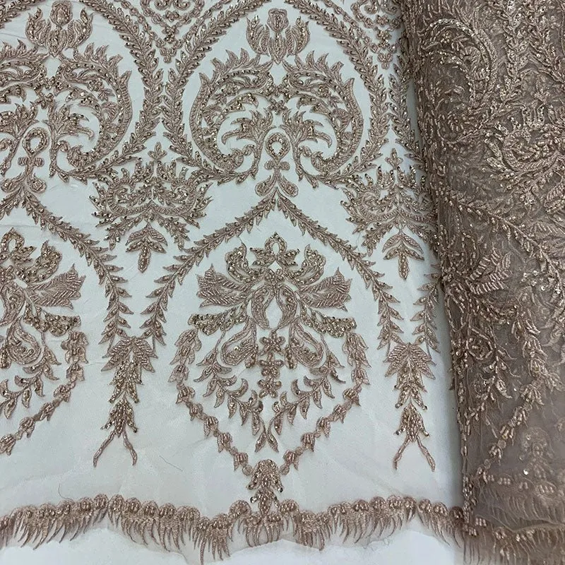 Elegant Embroidered French Lace Beaded Mesh Lace Fabric
