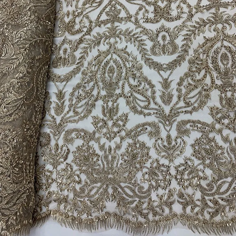 Elegant Embroidered French Lace Beaded Mesh Lace Fabric