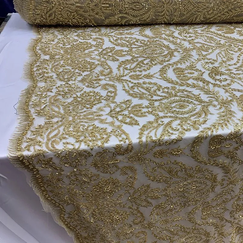 Elegant Embroidered French Lace Beaded Mesh Lace Fabric