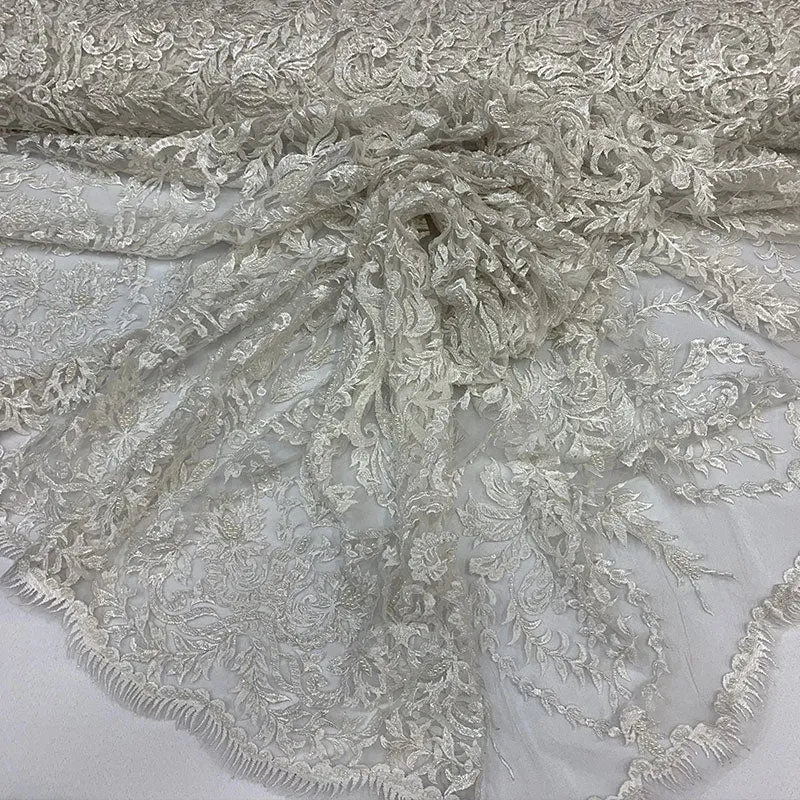 Elegant Embroidered French Lace Beaded Mesh Lace Fabric