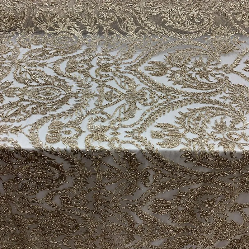 Elegant Embroidered French Lace Beaded Mesh Lace Fabric