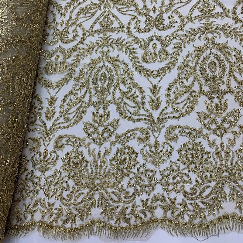 Elegant Embroidered French Lace Beaded Mesh Lace Fabric