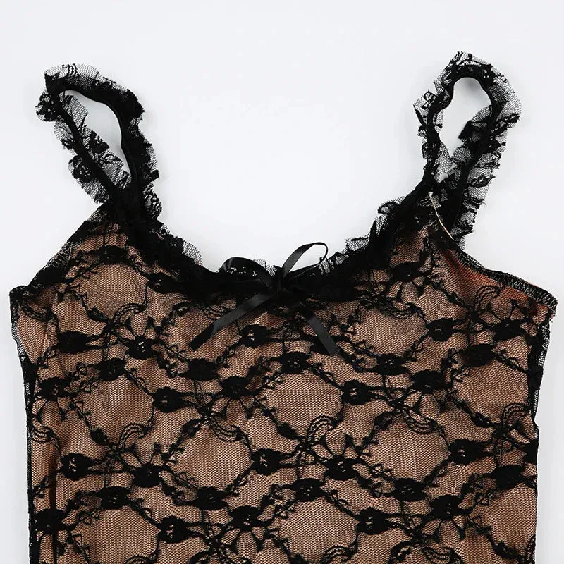 Elegant Long Bow Mesh Spliced Lace Dress