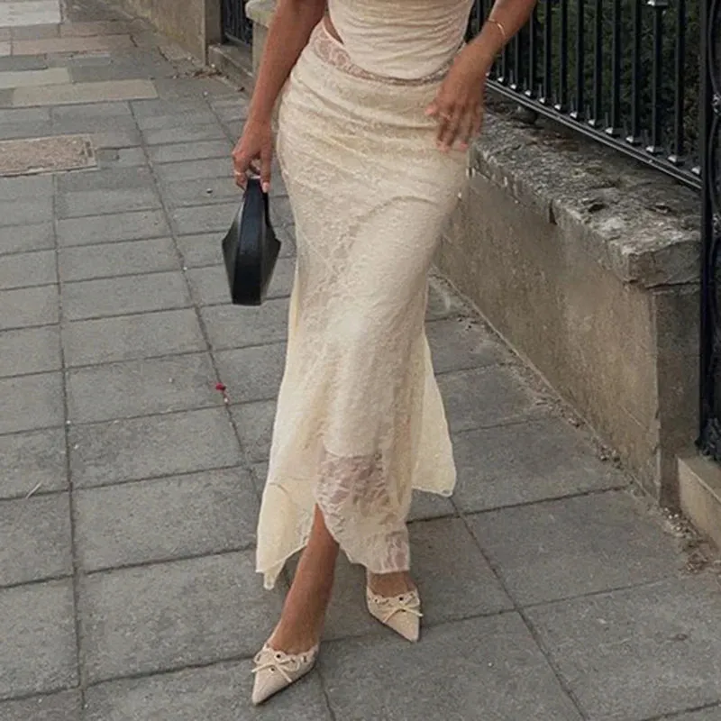 Elegant Low Waist Asymmetrical Lace Long Skirt
