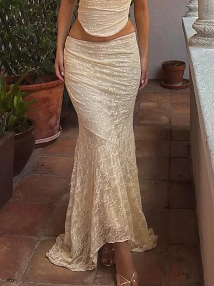 Elegant Low Waist Asymmetrical Lace Long Skirt