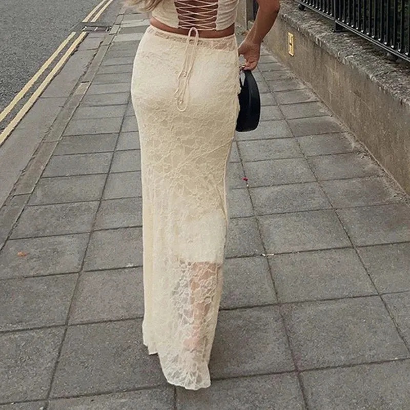 Elegant Low Waist Asymmetrical Lace Long Skirt