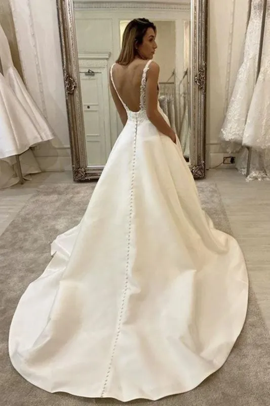 Elegant Sleeveless Tulle Backless A-Line Wedding Dresses With Lace