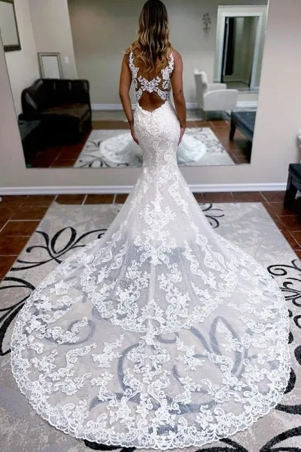 Elegant spaghettistraps sleeveless mermaid lace Wedding dresses