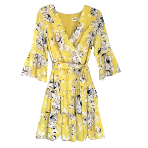 Eliza J Yellow Faux Wrap Floral Chiffon Dress, Size 14