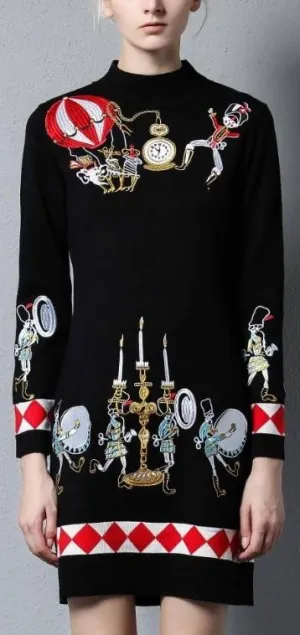 Embroidered Knit Sweater Dress in Black