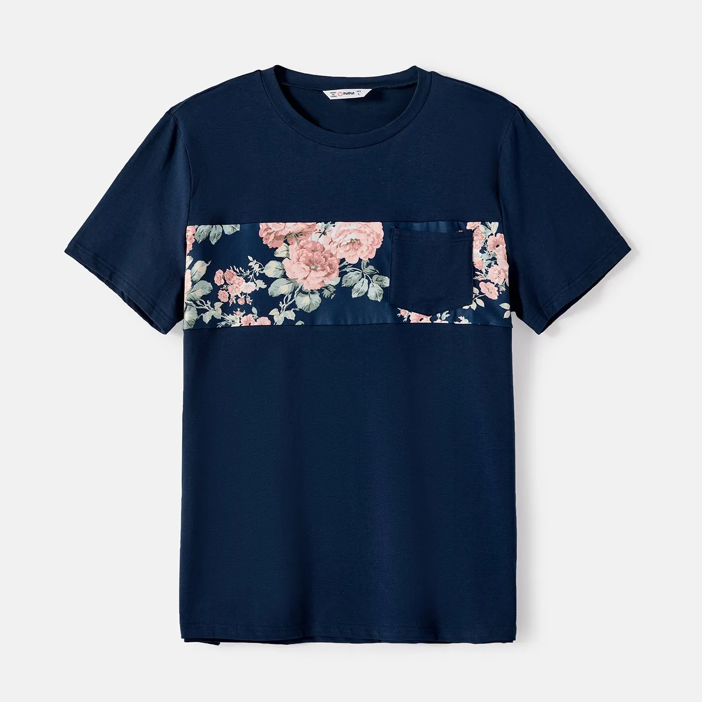 Family Matching Cotton Short-sleeve Spliced Tee and Allover Floral Print Flutter-sleeve Belted Dresses Sets