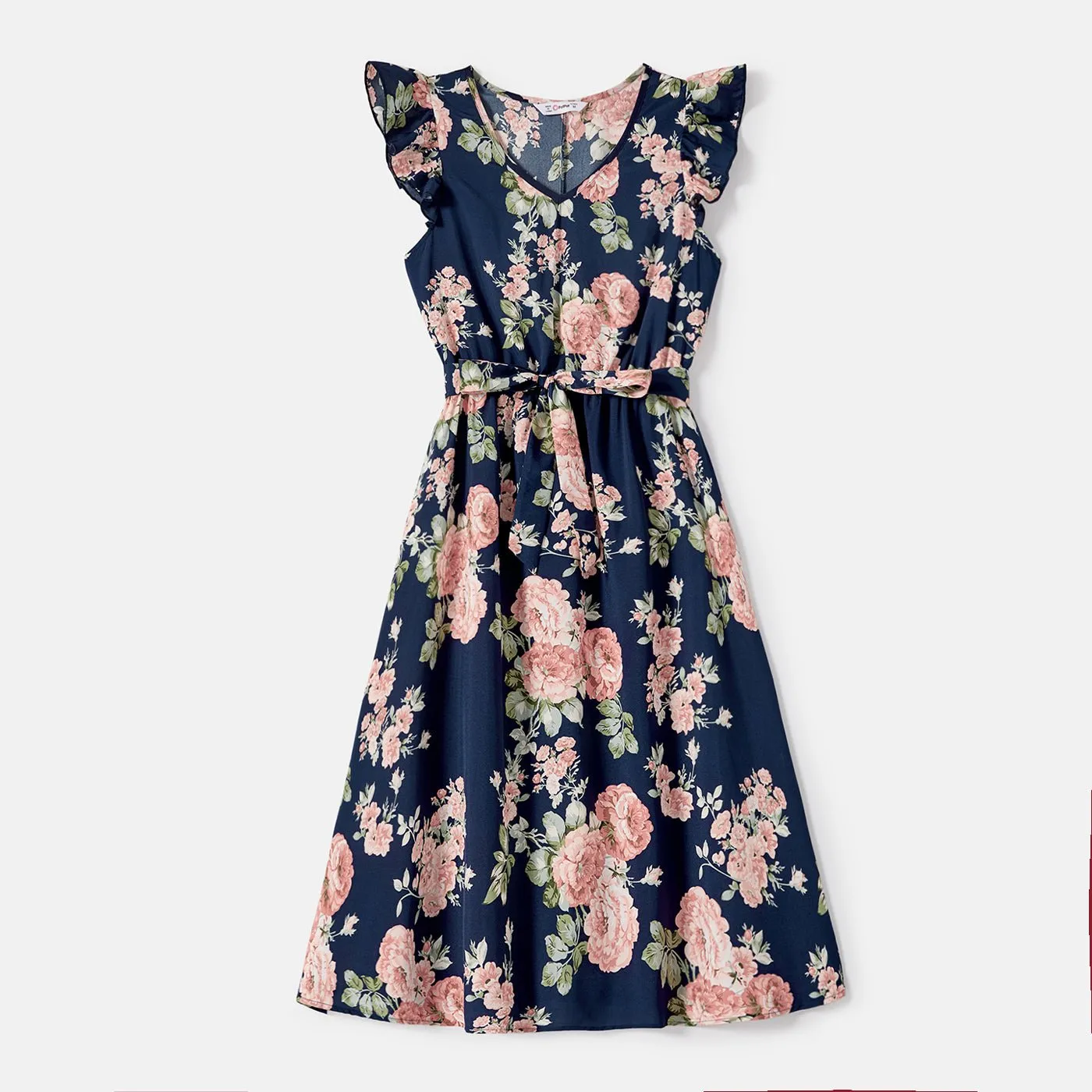 Family Matching Cotton Short-sleeve Spliced Tee and Allover Floral Print Flutter-sleeve Belted Dresses Sets