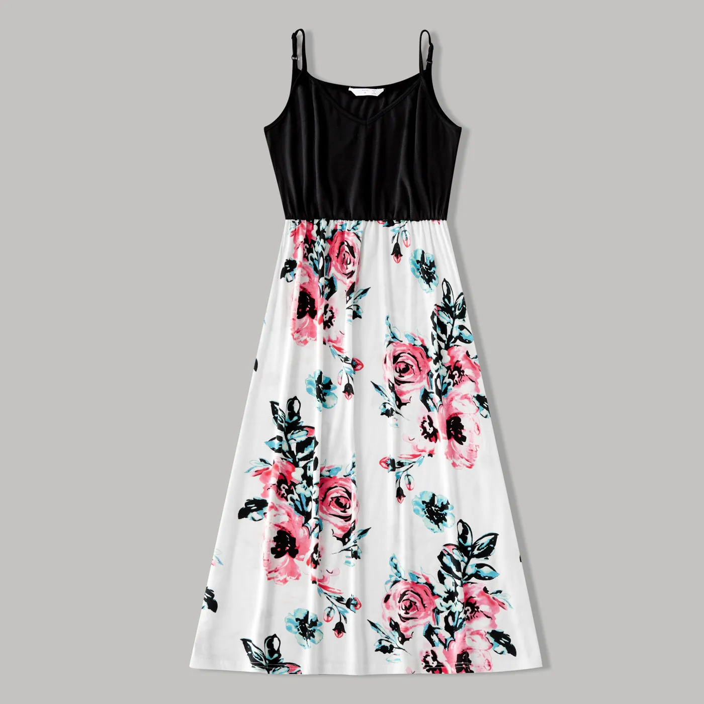 Family Matching Solid Spaghetti Strap Splicing Floral Print Dresses and Short-sleeve T-shirts Set