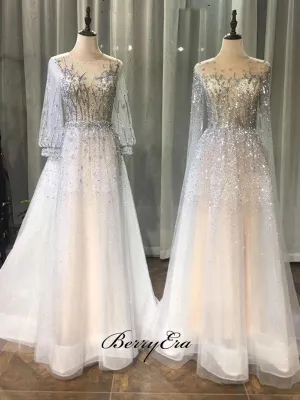 Fancy Long Sleeves Prom Dresses, Elegant Beaded Prom Dresses, Wedding Dresses