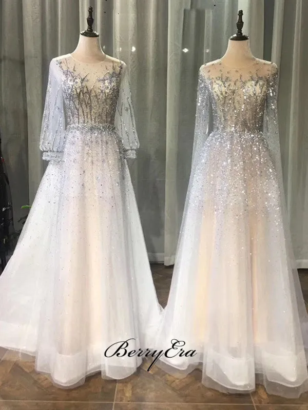 Fancy Long Sleeves Prom Dresses, Elegant Beaded Prom Dresses, Wedding Dresses