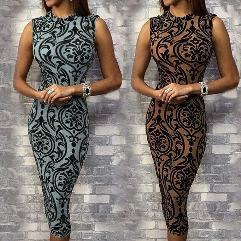 FashionSierra - Ladies Dress Casual Sleeveless O Neck Evening Party Dress Midi Dress Women Sexy Bodycon Print Dresses