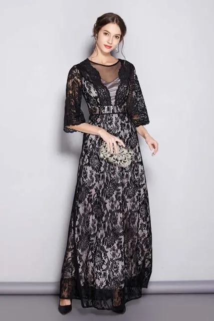 FashionSierra - Women's Runway Dresses O Neck Half Sleeves Embroidery Lace Sexy Tulle Laid Over Party Prom Elegant Long Dresses