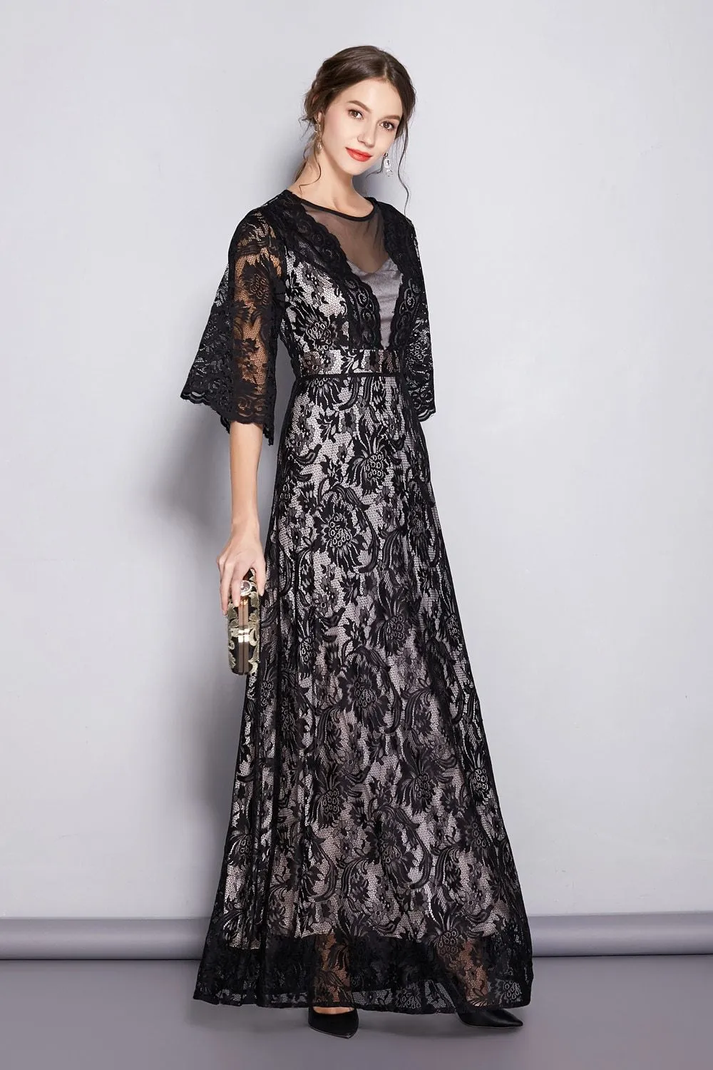 FashionSierra - Women's Runway Dresses O Neck Half Sleeves Embroidery Lace Sexy Tulle Laid Over Party Prom Elegant Long Dresses