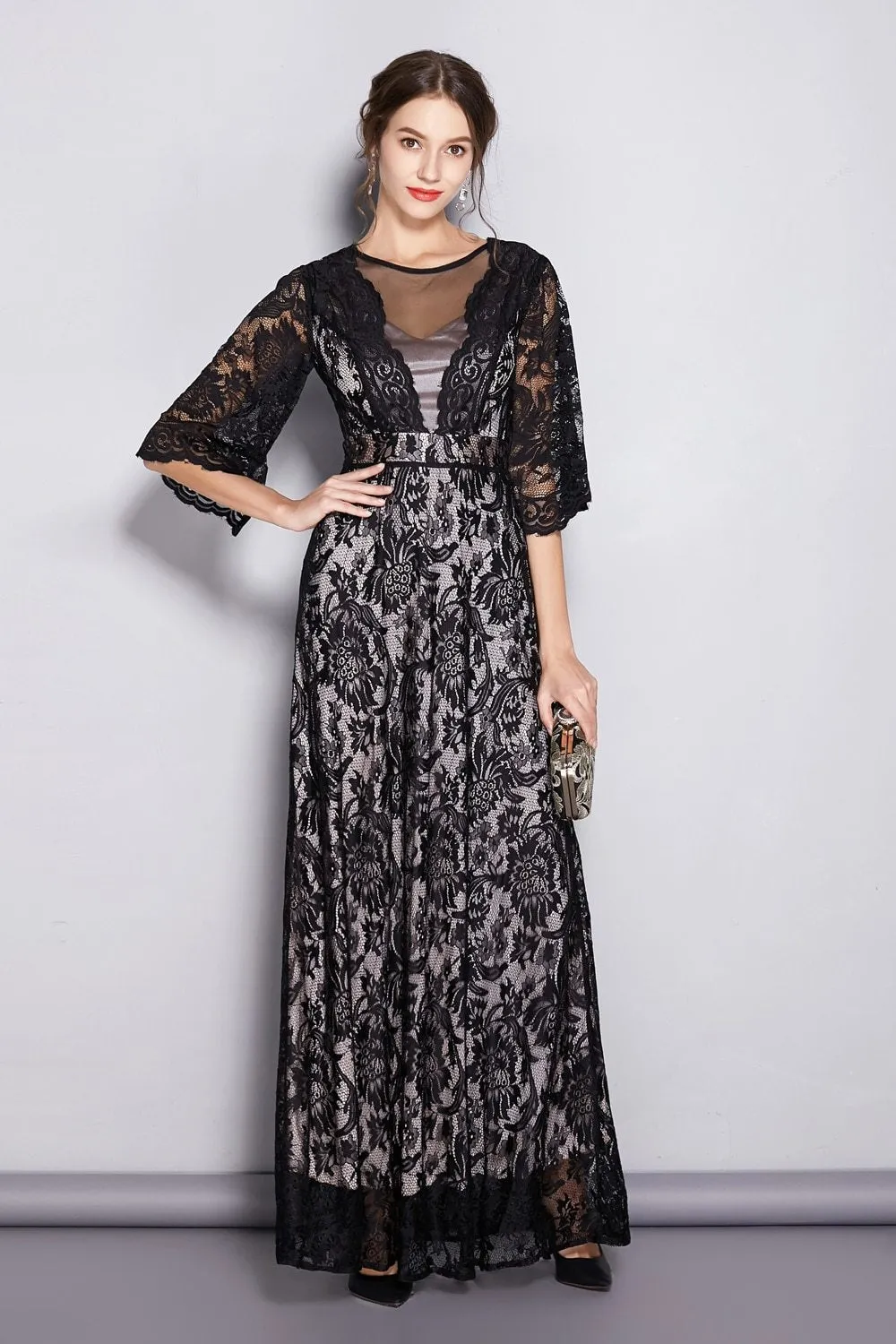 FashionSierra - Women's Runway Dresses O Neck Half Sleeves Embroidery Lace Sexy Tulle Laid Over Party Prom Elegant Long Dresses