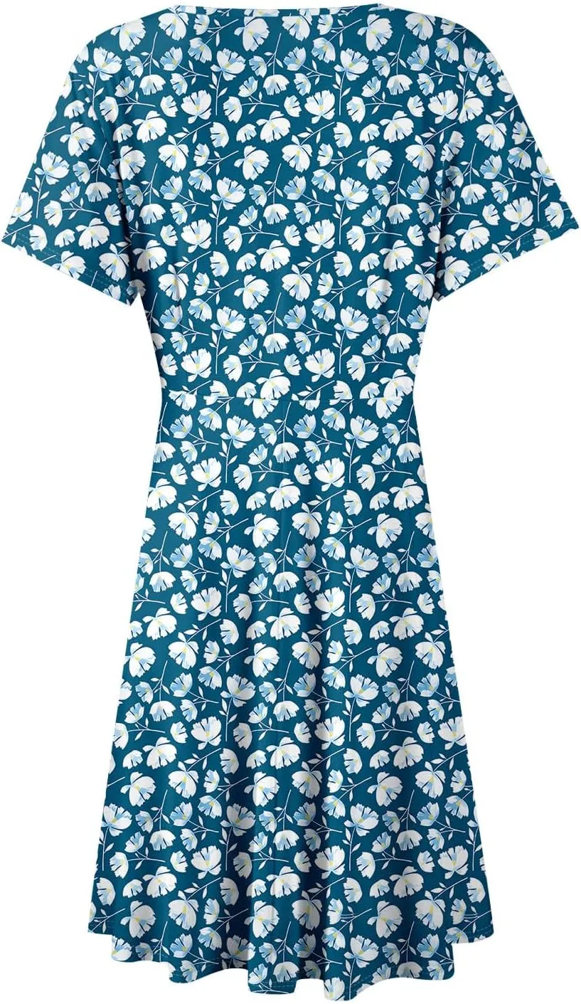 Floral Dress for Women Wrap V Neck Short Sleeve Midi Dress Casual Summer A Line Flowy Cotton Boho Beach Sun Dresses
