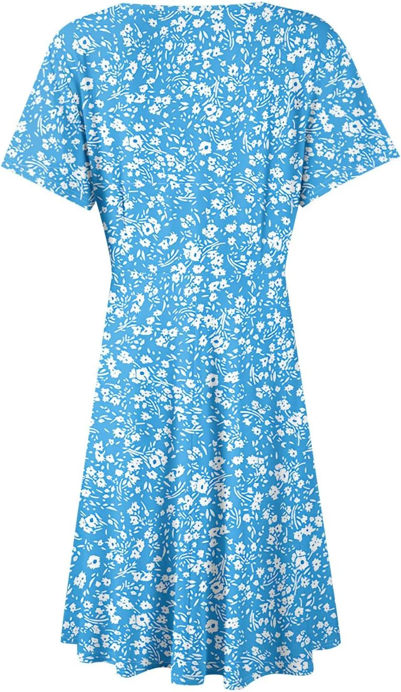 Floral Dress for Women Wrap V Neck Short Sleeve Midi Dress Casual Summer A Line Flowy Cotton Boho Beach Sun Dresses