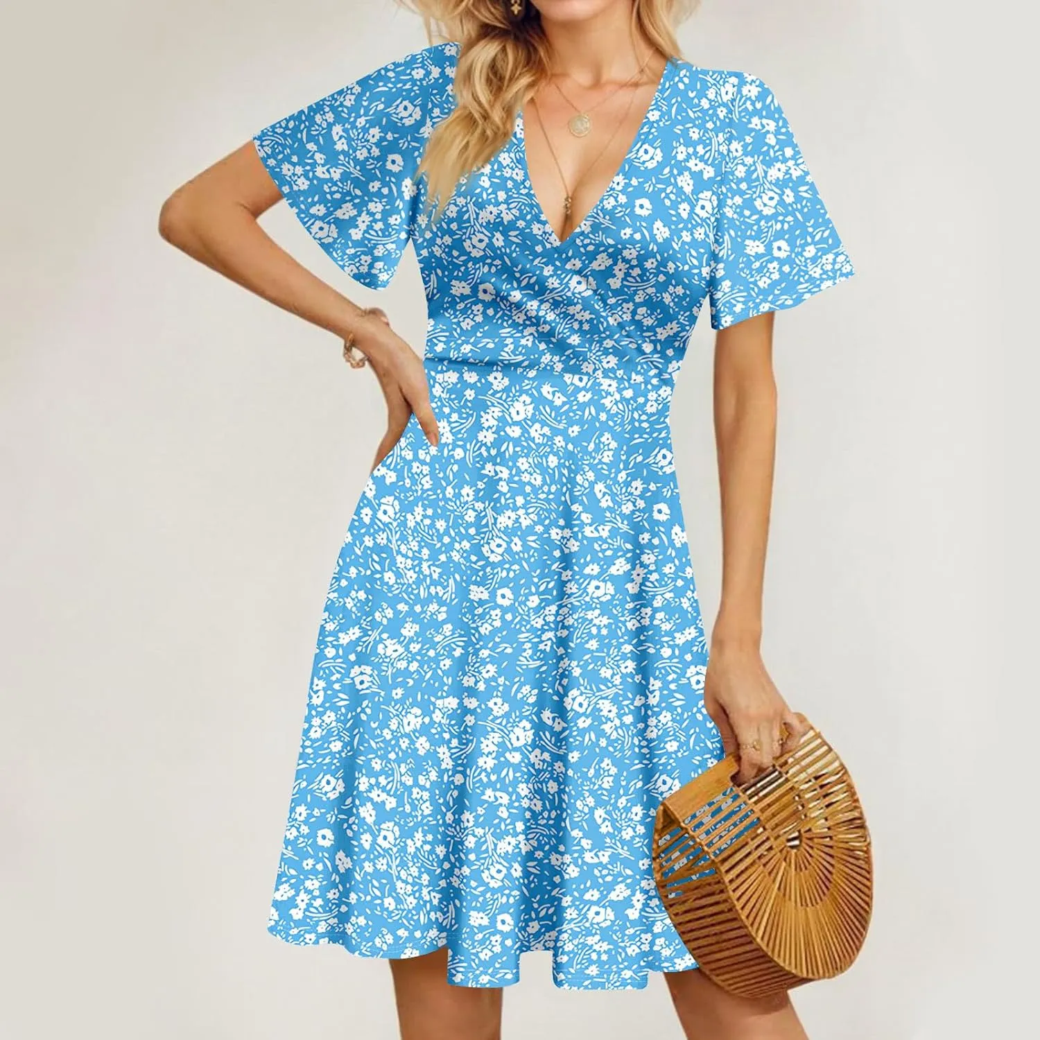 Floral Dress for Women Wrap V Neck Short Sleeve Midi Dress Casual Summer A Line Flowy Cotton Boho Beach Sun Dresses