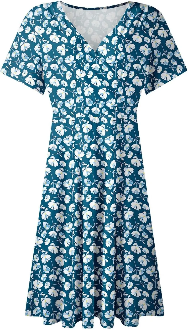 Floral Dress for Women Wrap V Neck Short Sleeve Midi Dress Casual Summer A Line Flowy Cotton Boho Beach Sun Dresses