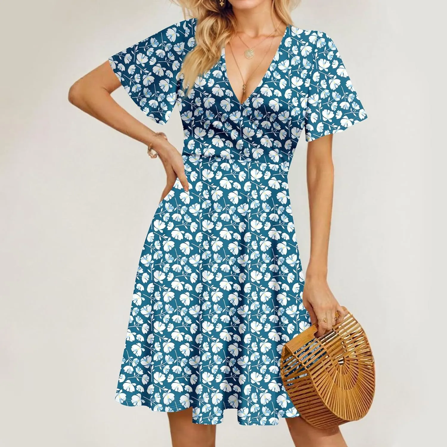 Floral Dress for Women Wrap V Neck Short Sleeve Midi Dress Casual Summer A Line Flowy Cotton Boho Beach Sun Dresses