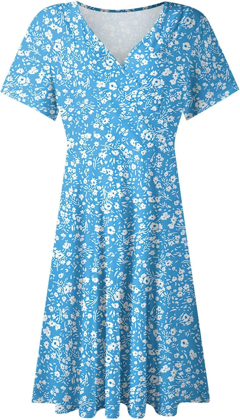 Floral Dress for Women Wrap V Neck Short Sleeve Midi Dress Casual Summer A Line Flowy Cotton Boho Beach Sun Dresses