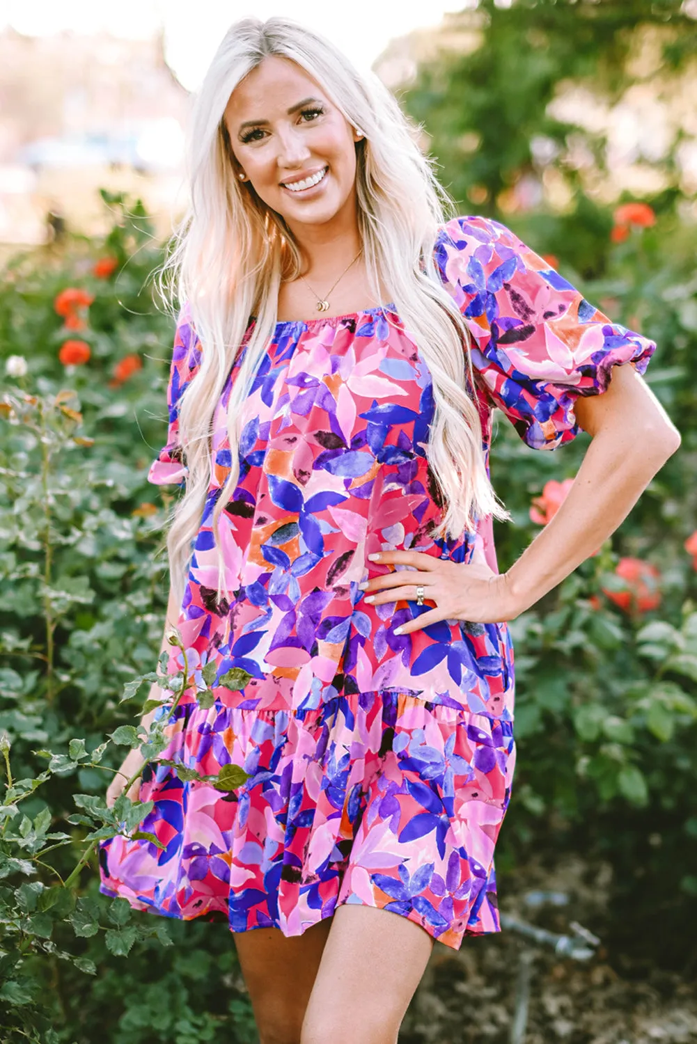 Flower Short Sleeve Ruffled Dresses