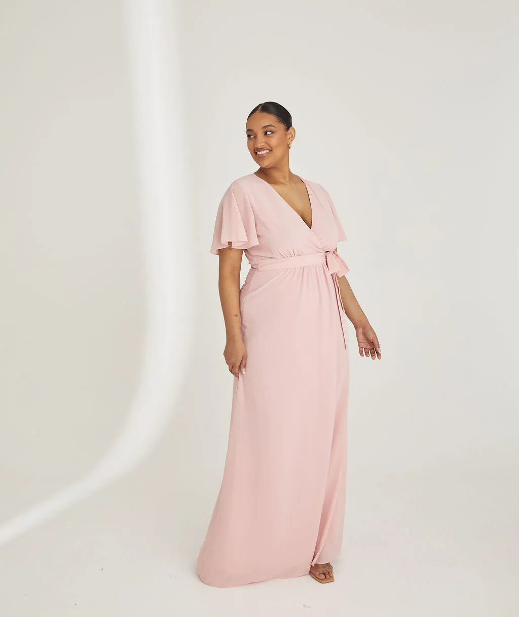 Flutter Sleeve Wrap Tie Chiffon Bridesmaid Dress - Peony Pink