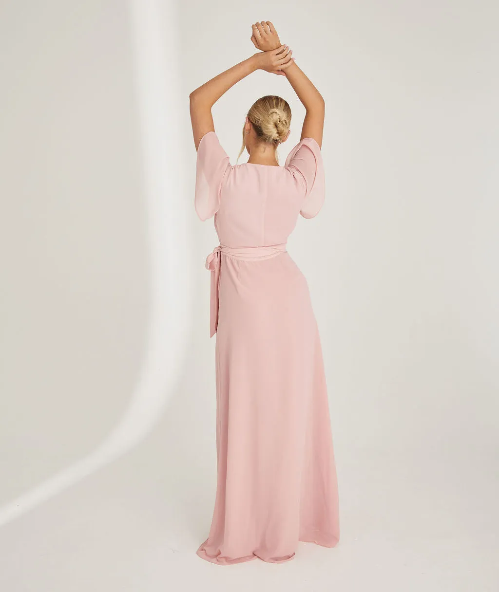 Flutter Sleeve Wrap Tie Chiffon Bridesmaid Dress - Peony Pink