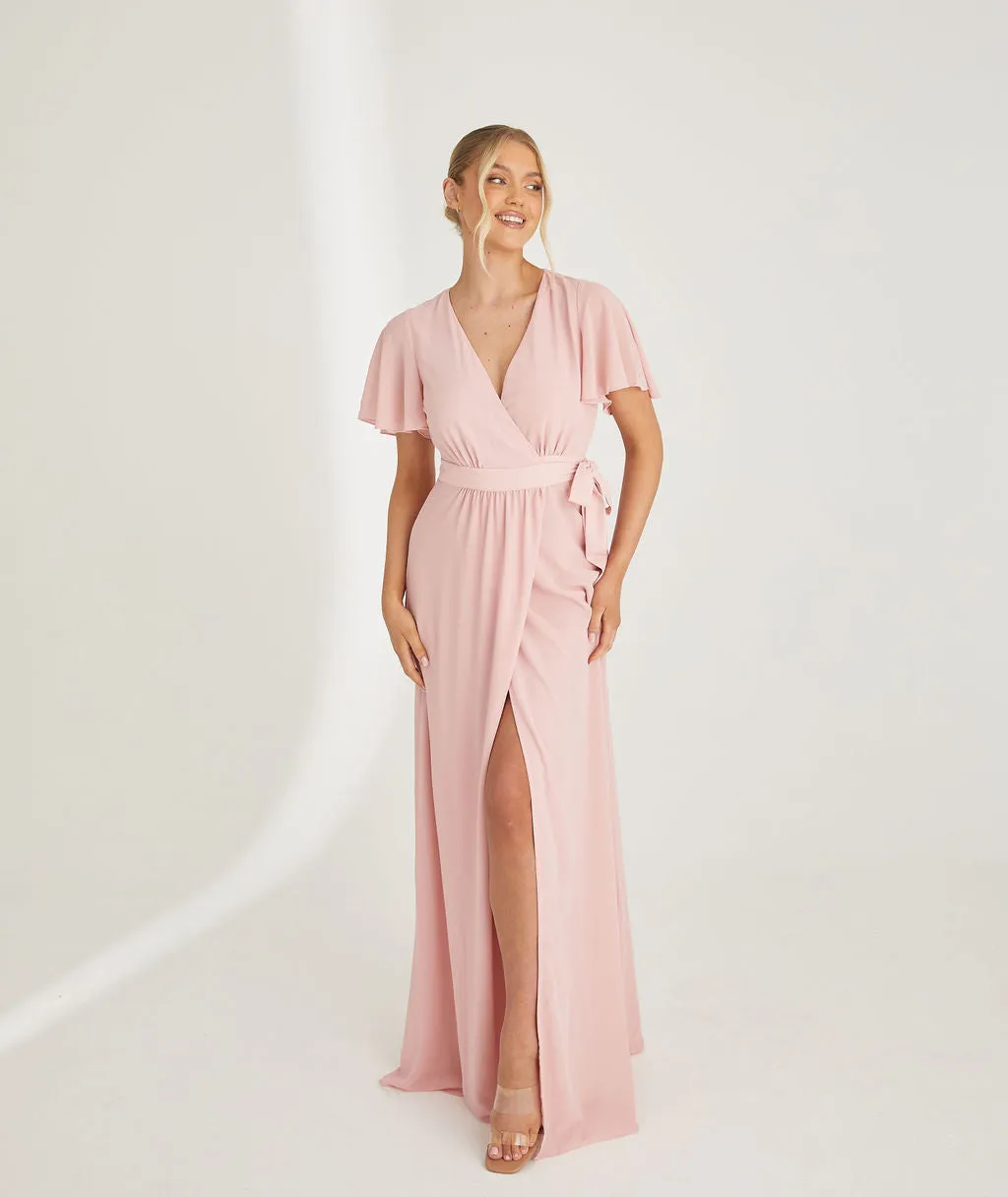 Flutter Sleeve Wrap Tie Chiffon Bridesmaid Dress - Peony Pink