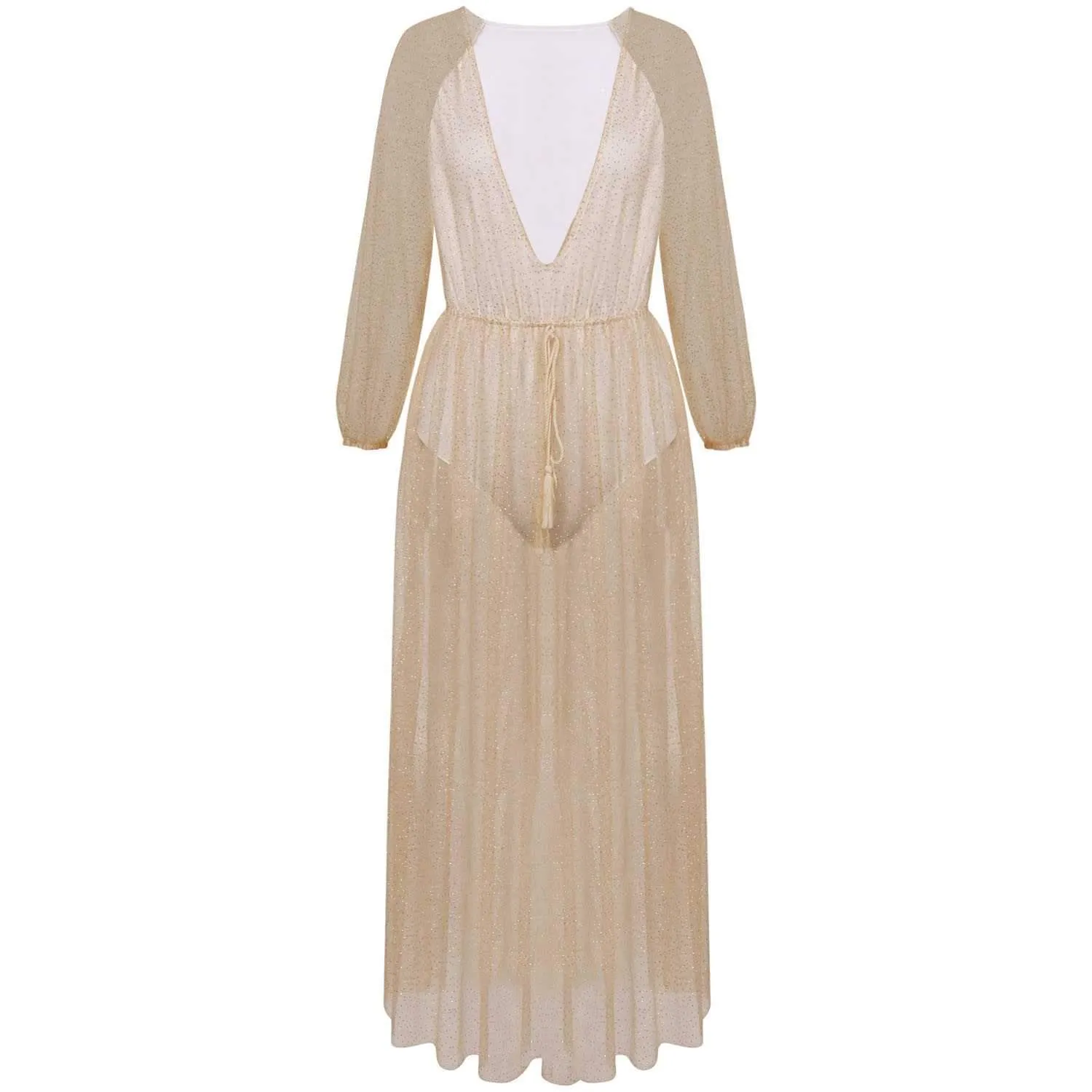 Gitter Sequins Deep Plunge Tie Waist Long Sleeve Sheer Mesh Dress