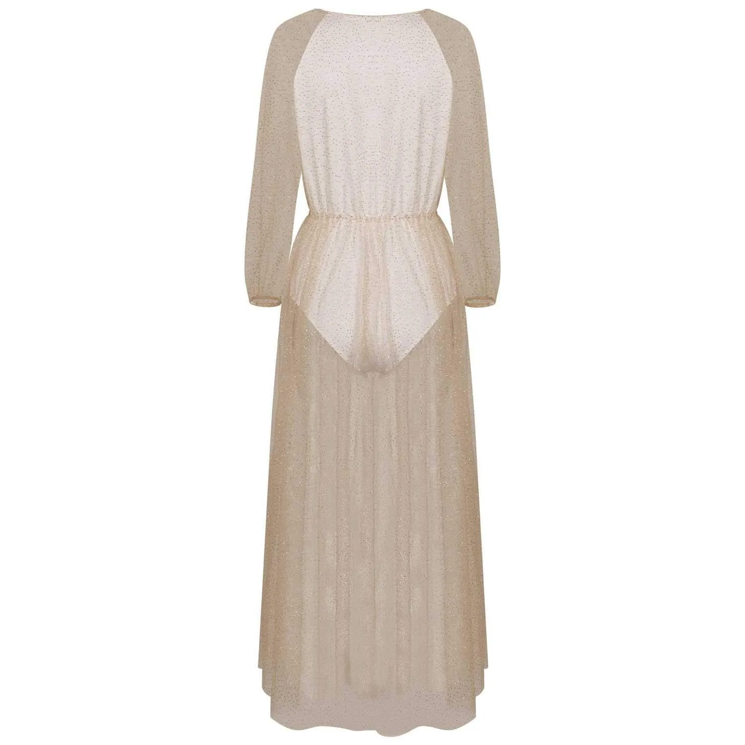 Gitter Sequins Deep Plunge Tie Waist Long Sleeve Sheer Mesh Dress