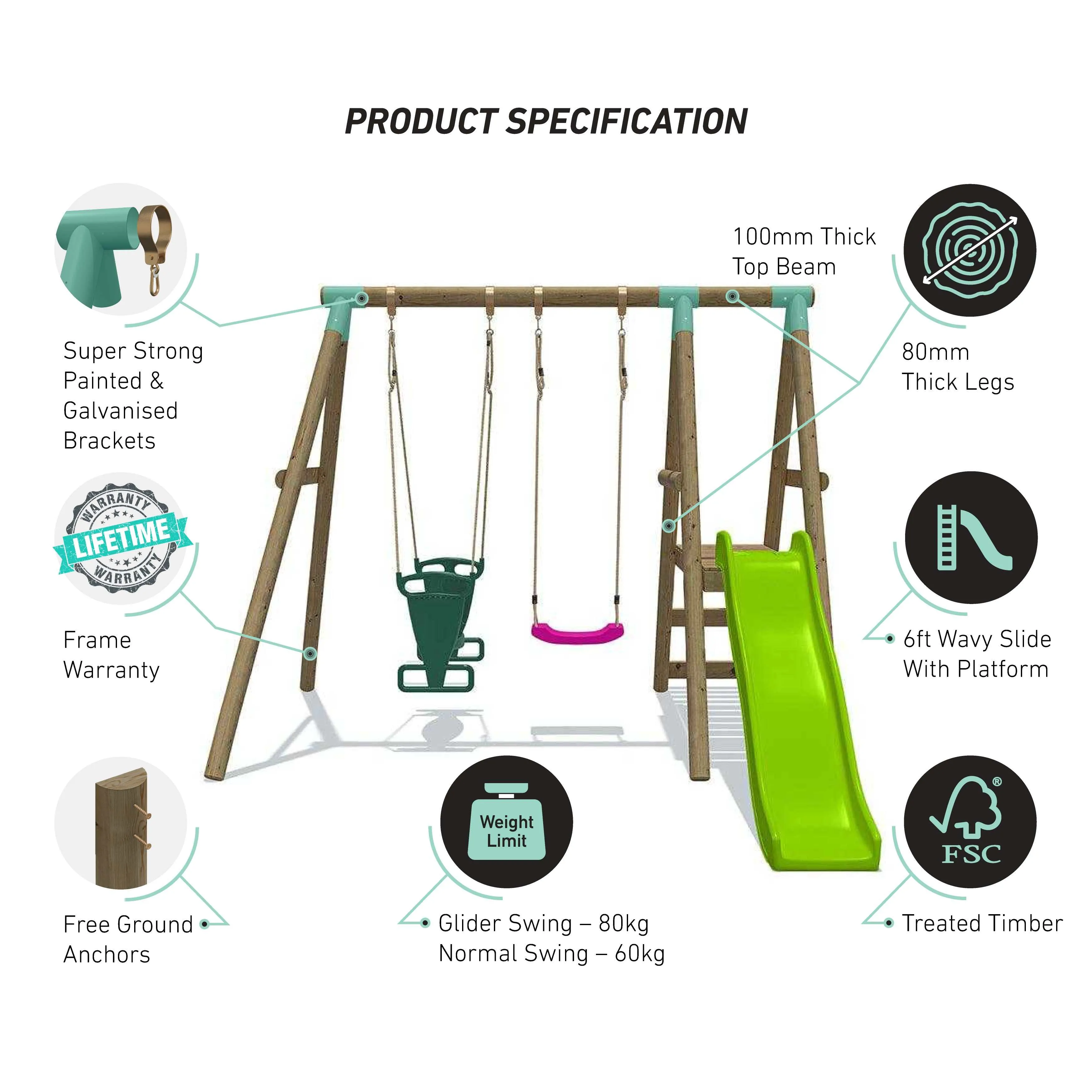 Go Wild Wooden Swing Set With Glider & 6ft Slide