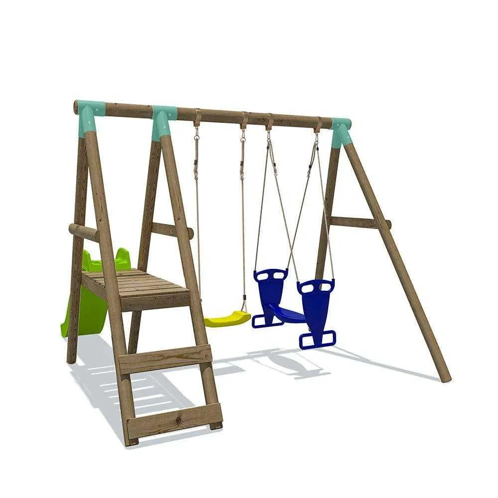 Go Wild Wooden Swing Set With Glider & 6ft Slide