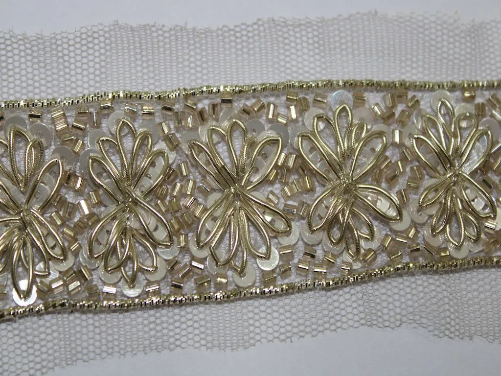 Golden & White Sequins and Beads Work Embroidered Border