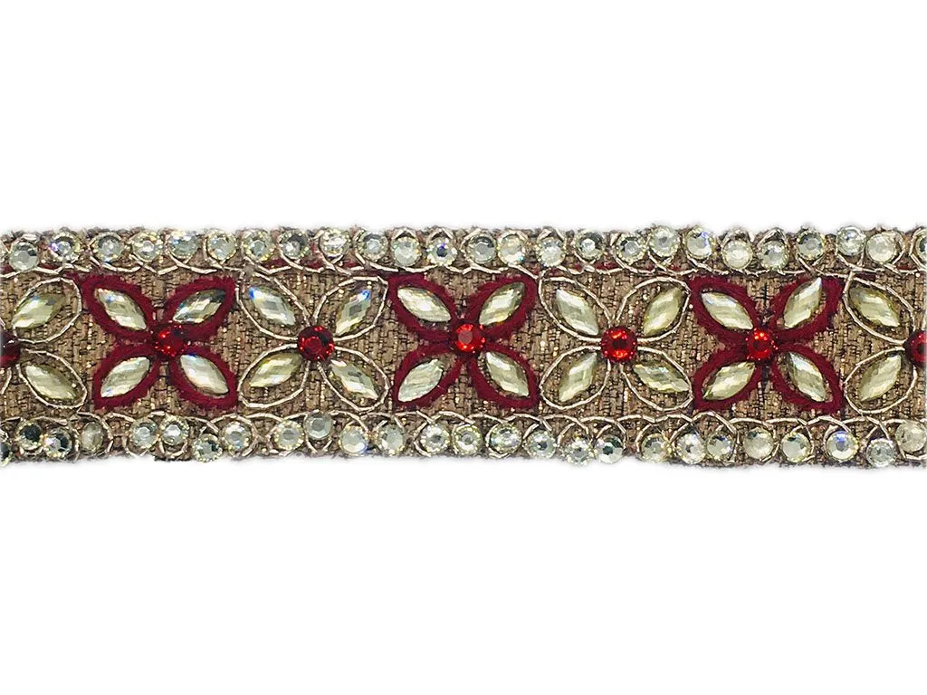Golden Red Fancy Thread and Stone Work Embroidered Border