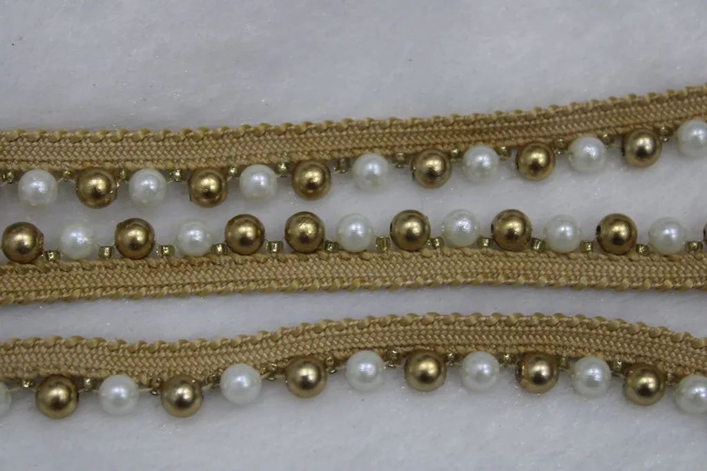 Golden White Fancy Pearl Work Embroidered Border