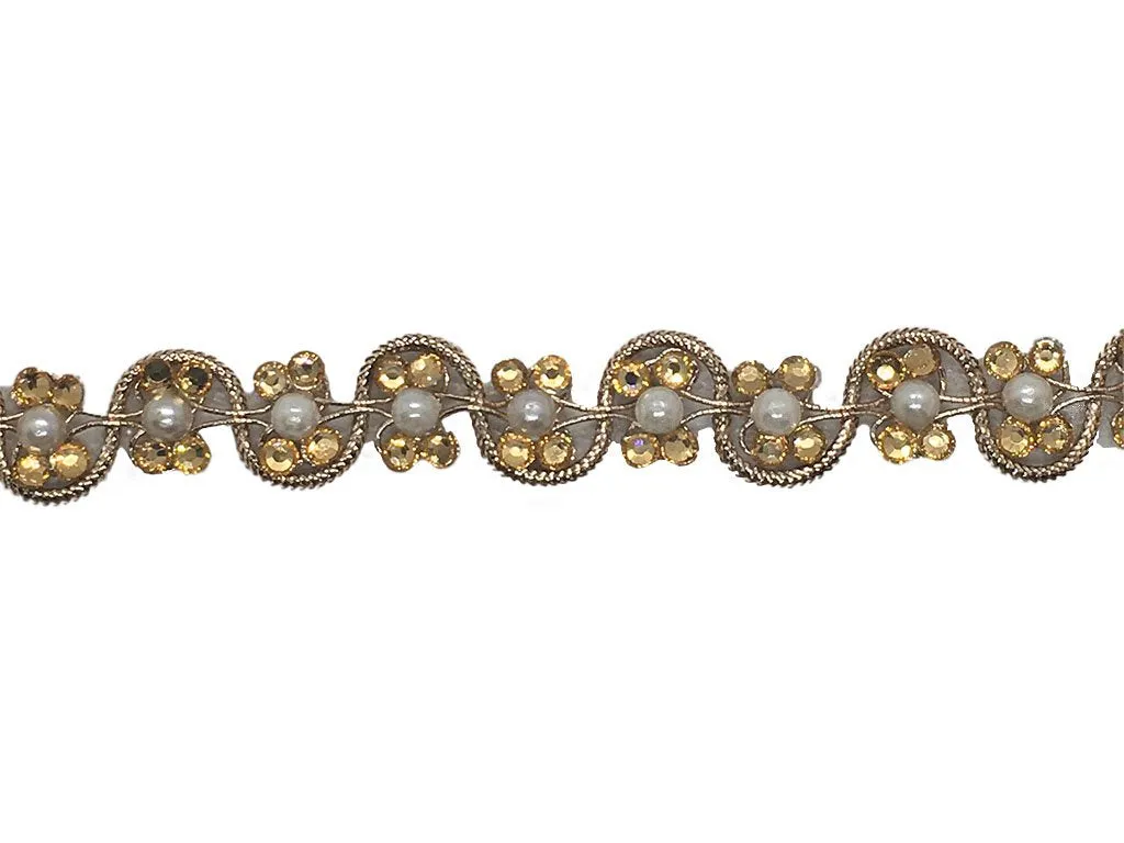 Golden White Floral Stone and Pearl Work Embroidered Border