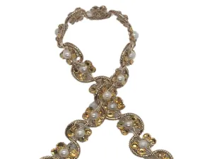 Golden White Floral Stone and Pearl Work Embroidered Border