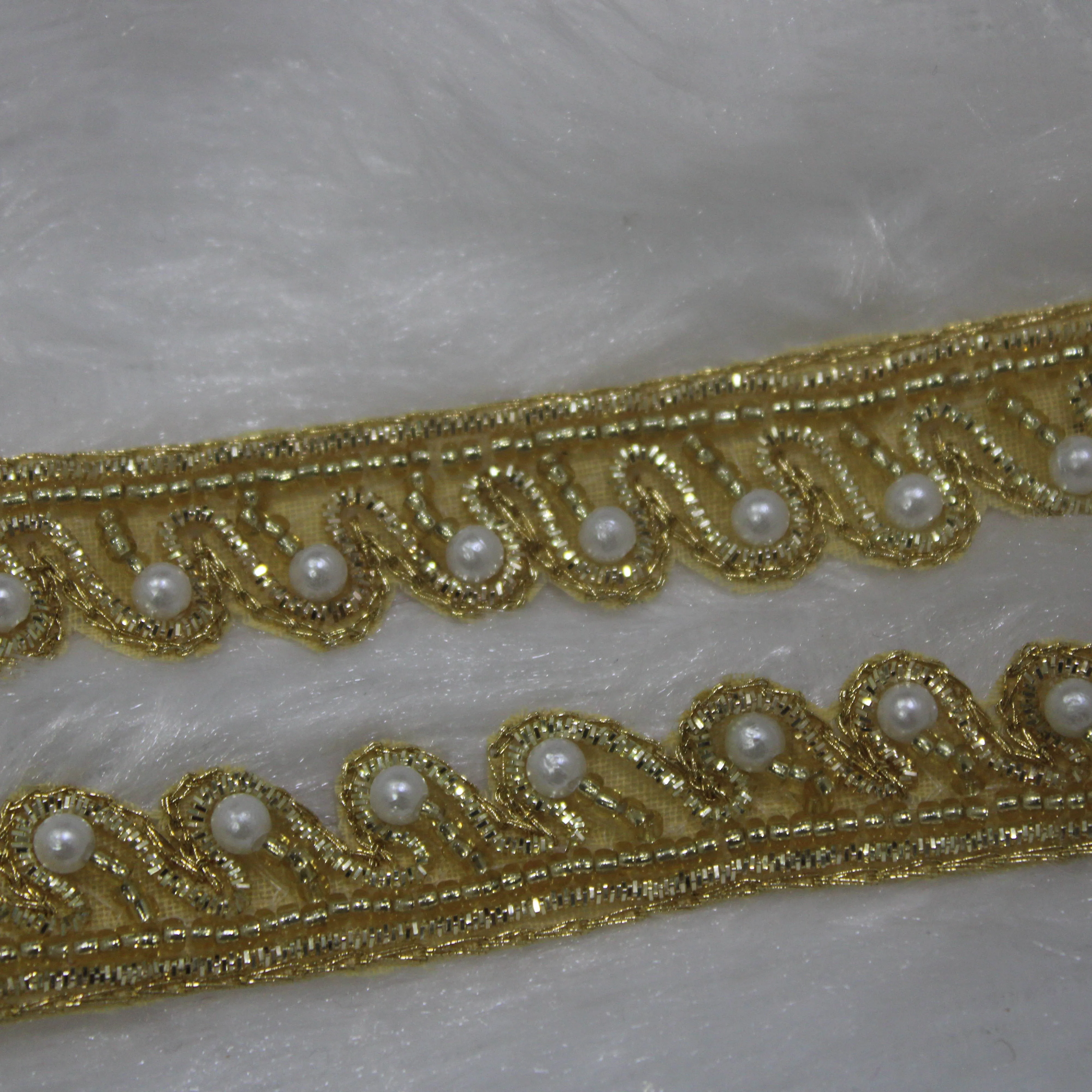 Golden White Pearl Handwork Embellished Embroidered Border