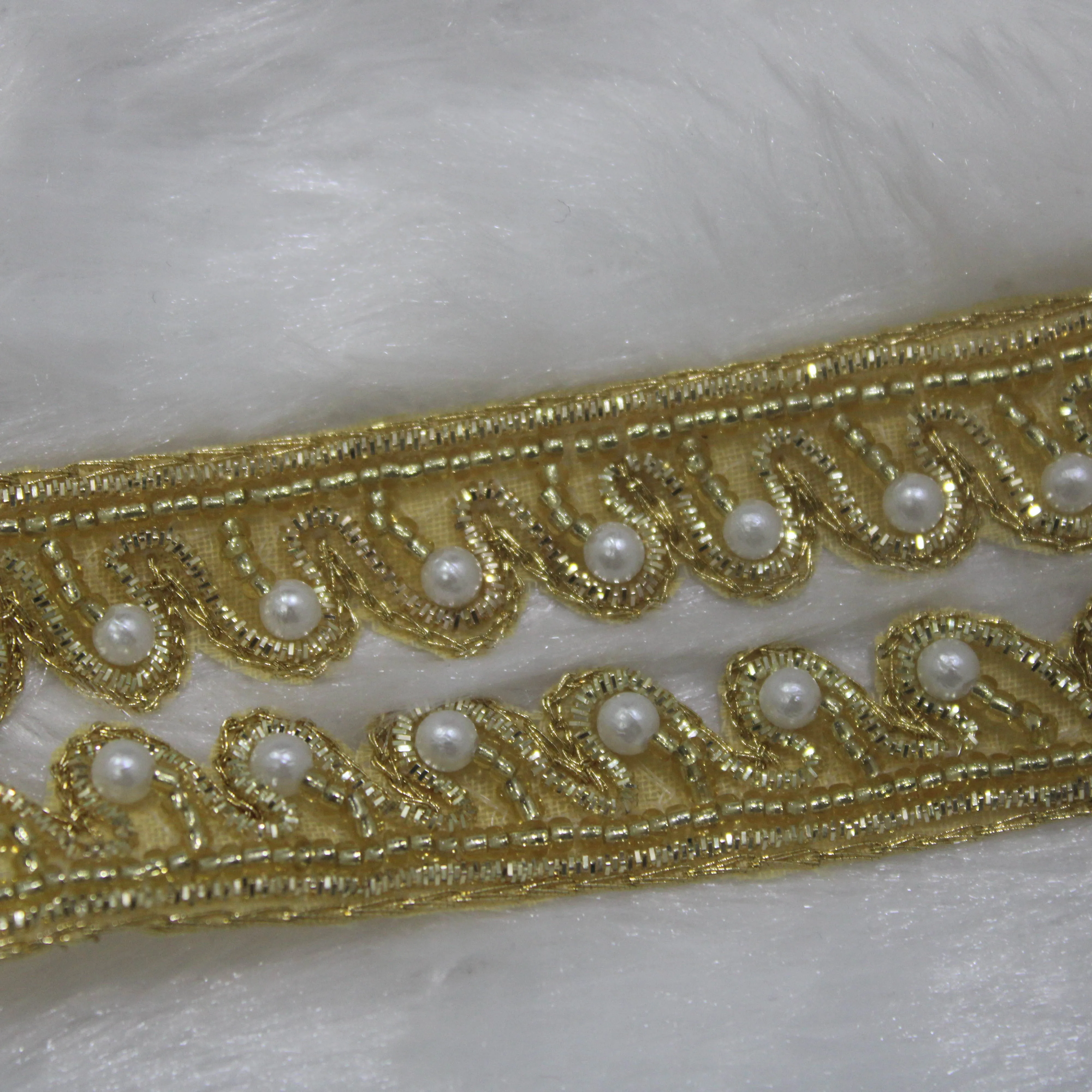 Golden White Pearl Handwork Embellished Embroidered Border