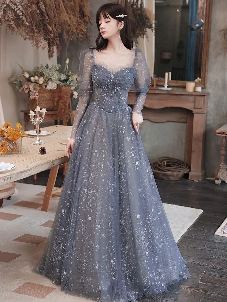 Gray Blue Tulle Lace Long Prom Dress, Gray Tulle Lace Evening Dress
